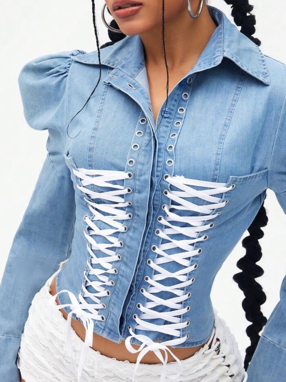 Denim blouse with corset detail lace up front puffy shoulders snatched waist - Picture 3 of 4